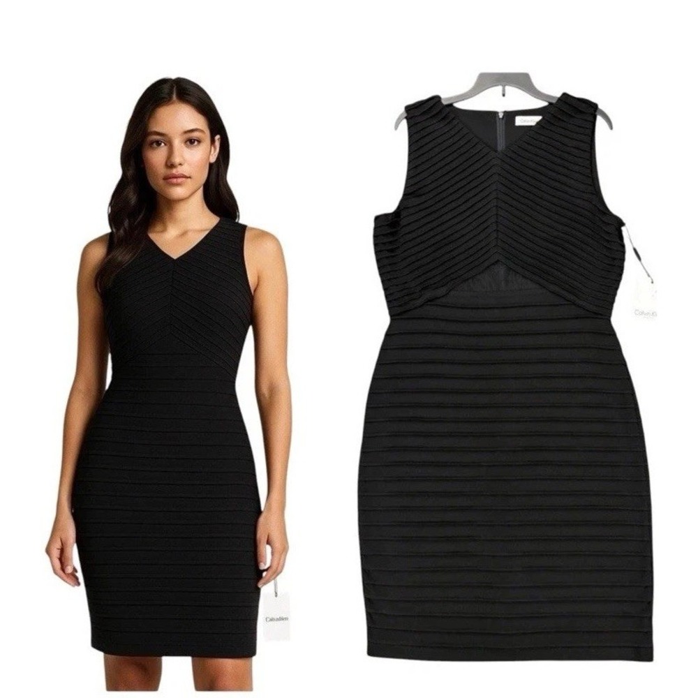 Calvin Klein Women's Black Sleeveless Sheath Pleated Bodycon Dress Size 2P